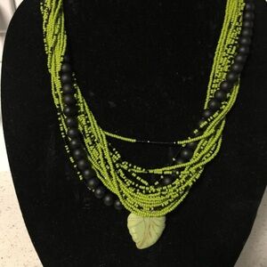 Green and Black Multi-Strand Necklace with Cascading Beads